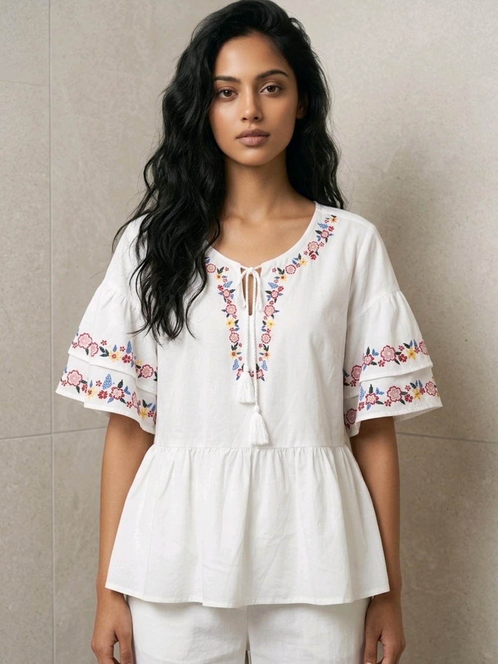 SHEIN White Peplum Blouse with Multicolor Floral Embroidery print.